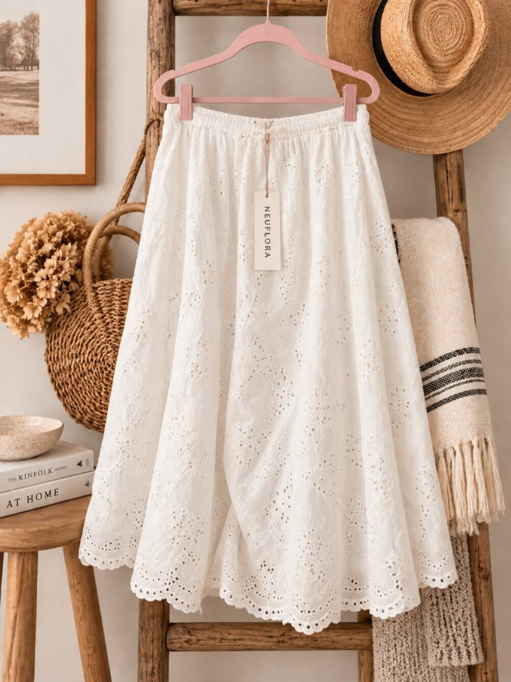 Neuflora Esme White Eyelet Lace Midi Skirt XL NWT
